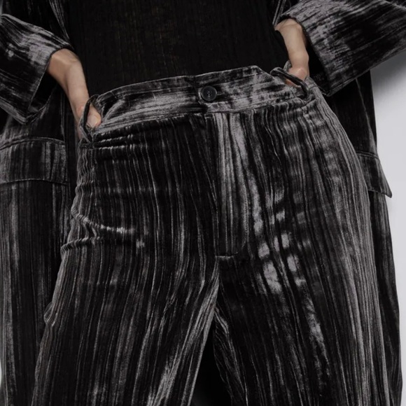 Zara Grey Crushed Velvet High-Waisted Straight Leg Trousers - Picture 13 of 14